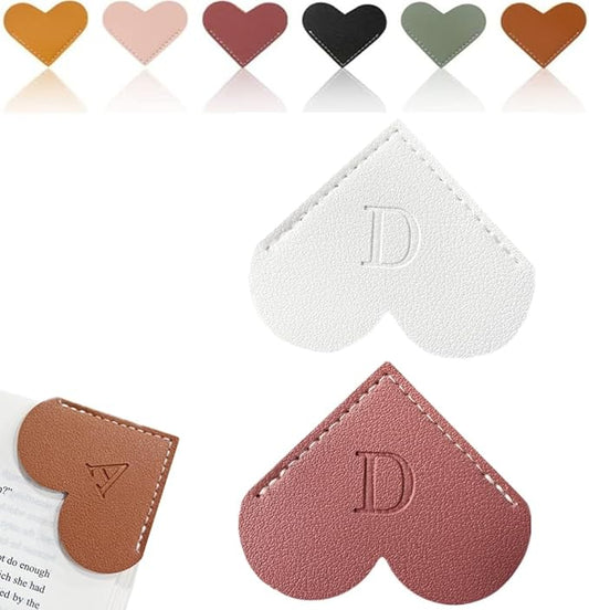 Personalized Leather Heart Bookmark, 26 Letters Customized Corner Book Mark for Reading Women, Book Marker with Initials，Cute Gifts (White+Deep Pink, D)