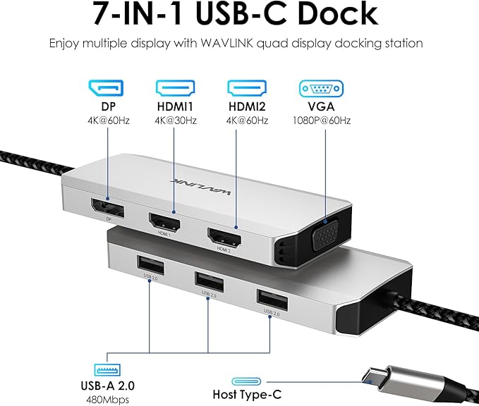 WAVLINK USB C Docking Station for MacBook Dell XPS 13/15, Lenovo Yoga, HP Laptops, USB C to Dual HDMI Monitors for Windows, Dual HDMI, Displayport, VGA, 3 USB 2.0 Ports, Silver
