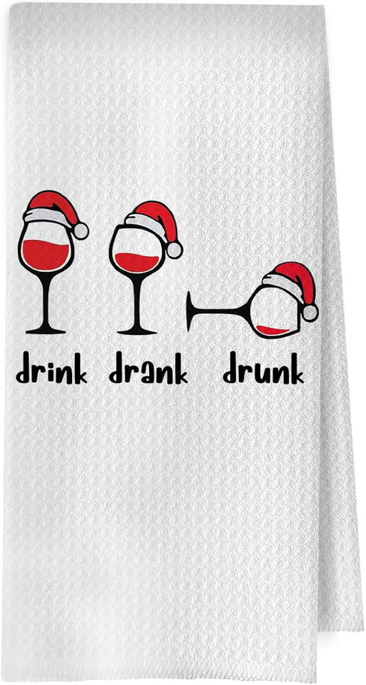 Christmas Wine Kitchen Towels - Funny Wine Gifts Waffle Decorative Dish Towels, Funny Christmas Hand Towel, Drink Drank Drunk Tea Towel, 16x24 Inches