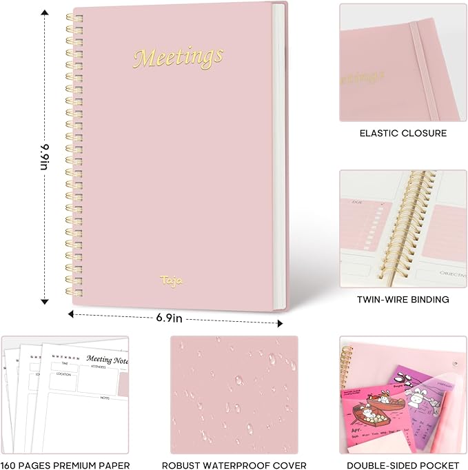 Taja Meeting Notebook For Work Organization - Work Planner Notebook With Action Items, Agenda Planner For Note Taking, 160Pages (6.9" X 9.9") Project Planner For Men & Women - Pink