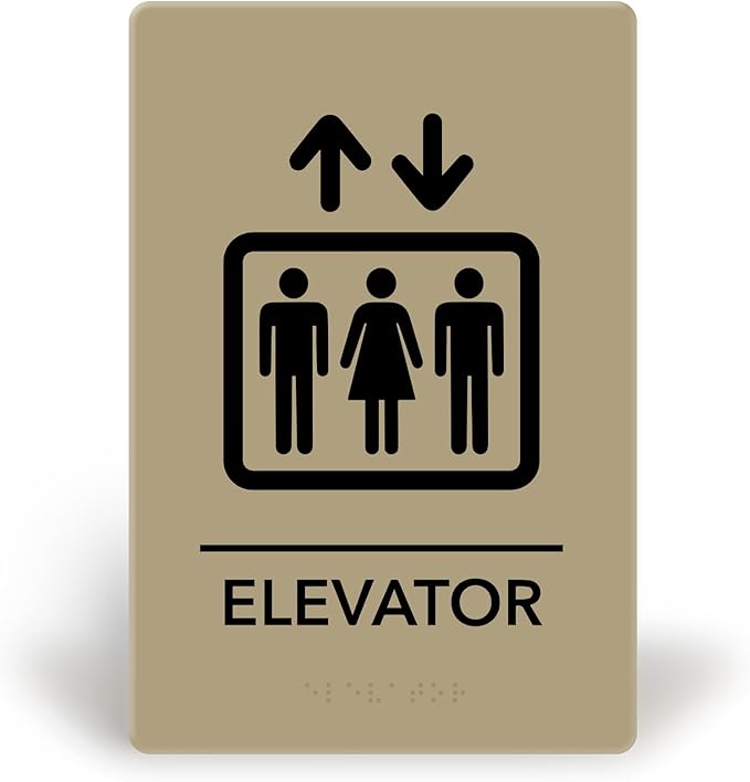 Promot Elevator Sign – ADA Braille Elevator Decor for Business, Self-Adhesive, 9" x 6", Commercial Door Signage, Office Wall Decor - Taupe