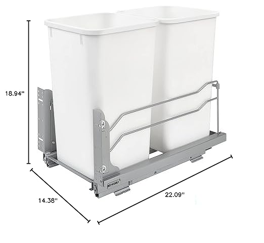 Rev-A-Shelf Double Pull-Out Trash Can for Under Kitchen Cabinets 27 Quart 12.5 Gallon with Soft-Close Slides, White, 53WC-1527SCDM-211