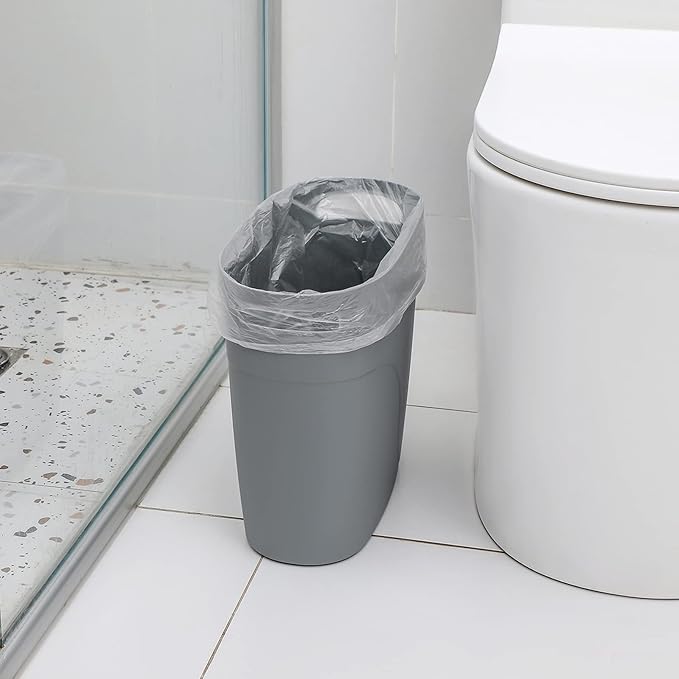 Plastic Small Trash Can Slim Waste Basket with Handles 3.2 Gallon Narrow Garbage Container Bin for Bathroom, Bedroom, Kitchen, Home Office Under Desk, Dorm, Laundry Room, Kids Room, Grey 2 Pack
