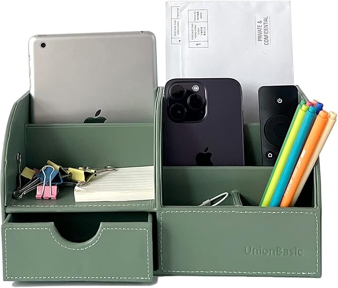 UnionBasic Desk Organizer, Multi-functional Leather Desktop Office Organizer, Pen Holder - Business Card/Pen/Pencil/Mobile Phone/Stationery Holder Storage Box, Malachite Green