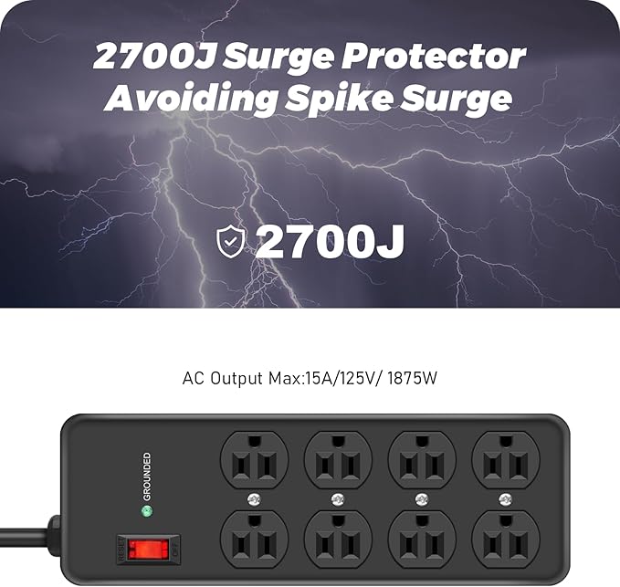HEZI 8 Outlet Heavy Duty Power Strip, 15Amp Metal Mountable Surge Protector (2700J), Industrial Wall Mount Power Strip for Home, Office, Garage & Workshop, 15FT 14AWG Extension Cord