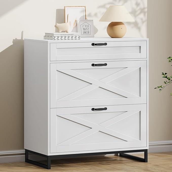 Vabches Lateral File Cabinet, Modern Farmhouse File Cabinet with 3 Drawers for Legal/Letter/A4 Size Hanging Files, Printer Stand Large Wood Home Office, Office White