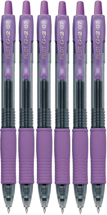 G2 Retractable Premium Gel Ink Roller Ball Pens Fine Point Fine Point (.7mm) Purple Ink 6-pk; Refillable & Premium Comfort Grip Bundle with Plastic Reusable Pouch