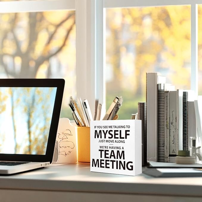 HR Approved Wooden Block Sign "If You See Me Talking to myself..." 5x5x1 INCH, Work From Home Humor Decor with Funny Message, Vintage Style Office Plaque for Desk or Wall