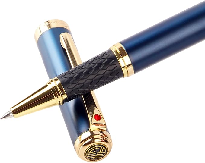 Luxury Blue Rollerball Pen-Fancy Pen with Real 24K Gold Trim, Switzerland Tip Point Writing Smooth, Nice Roller Ball Pen Gift Set for Men Women, Professional Pen Business Birthday Christmas