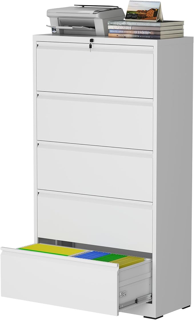 5 Drawer Lateral File Cabinet with Lock, Metal File Cabinet, Lateral File Cabinets for Home Office, Heavy Duty File Storage Cabinet for Legal/Letter/A4 Document, Assembly Required, White