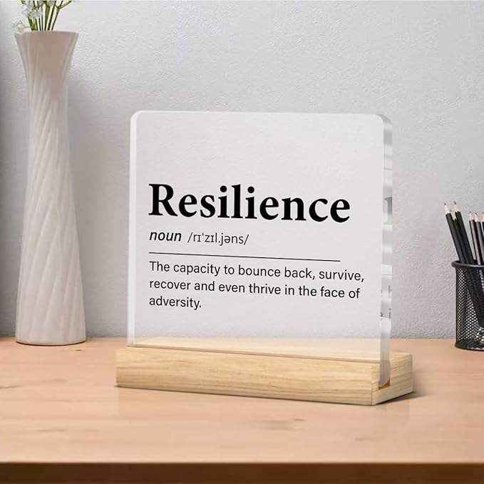Inspirational Gifts for Women Men, Motivational Encouragement Gifts Resilience Definition Clear Acrylic Desk Decor Decorative Sign for Home Office, 4 x 4 Inches