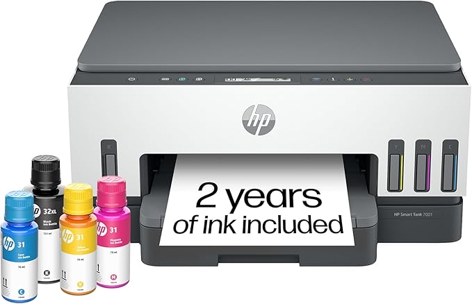 HP Smart Tank 7001 Wireless All-in-One Ink Tank Printer, Scanner, Copier with 2 years of ink included, Best-for-home office, Cartridge-free Refillable, AI-enabled (28B49A)