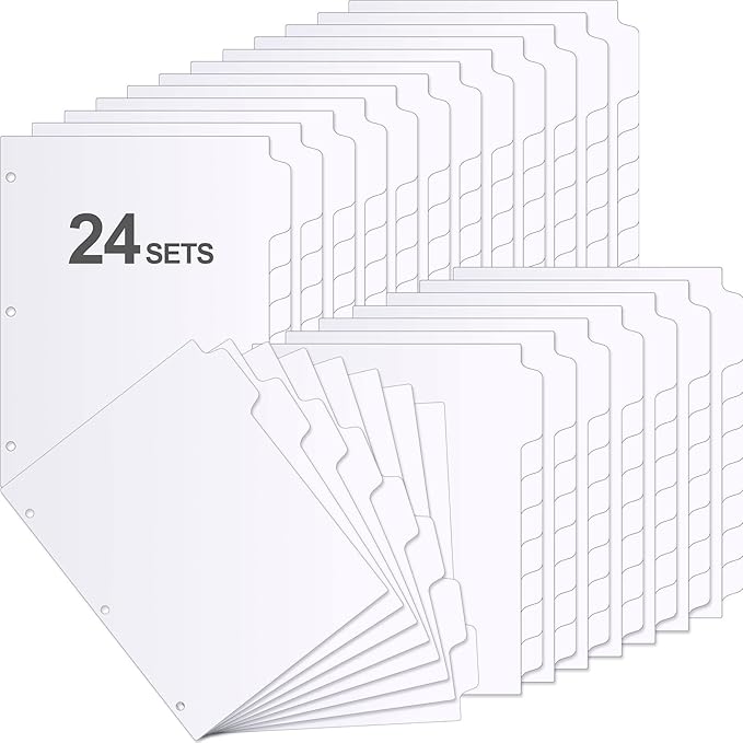 Thenshop 192 Pieces 24 Sets Binder Dividers with Tabs Bulk 8.5 x 11 Inch Write & Erase Big Paper 8 Tab Dividers for 3 Ring Binder(White)