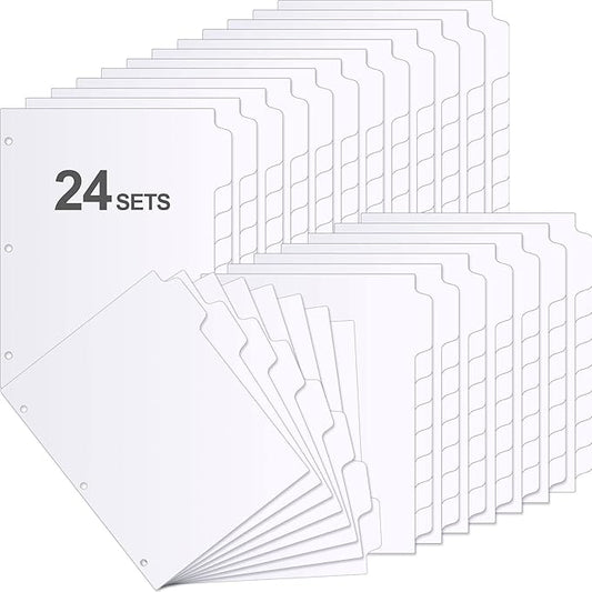Thenshop 192 Pieces 24 Sets Binder Dividers with Tabs Bulk 8.5 x 11 Inch Write & Erase Big Paper 8 Tab Dividers for 3 Ring Binder(White)