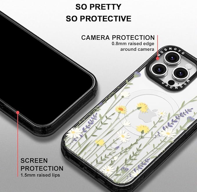 MOSNOVO Magnetic Case for iPhone 16 Pro Max, 10ft Military-Grade Protection, Compatible with Magsafe, Shockproof Phone Case for iPhone 16 Pro Max - Wild Meadow - Clear Black