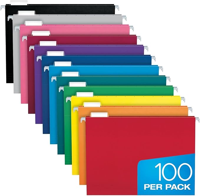 Pendaflex Colored Hanging File Folders Letter Size with 1/5 Cut Adjustable Tabs, 8.5 X 11-100 Pack of 12 Assorted Colors