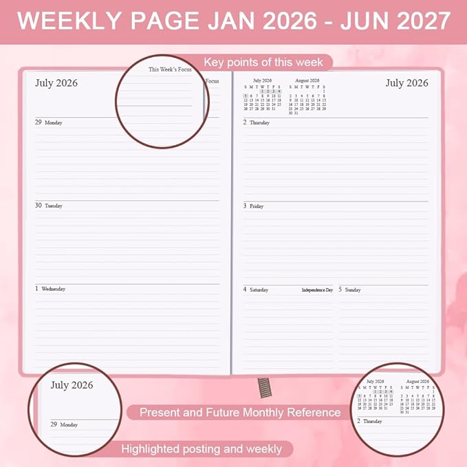 Planner 2026-2027 - 18 Months (Jan 2026 - Jun 2027) Agenda Planner 5.8" x 8.5", 2026-2027 Weekly & Monthly Planners, Hard Cover, Pink