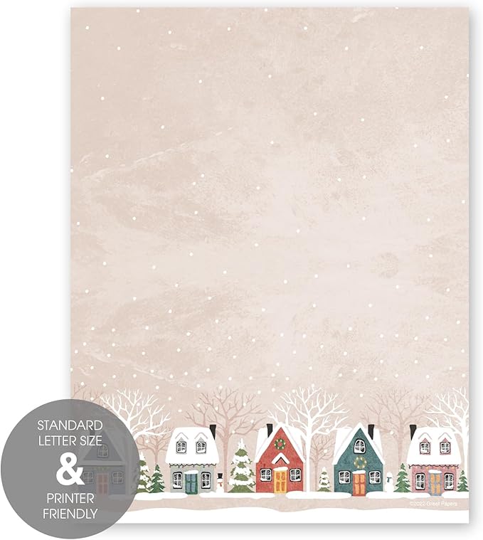 Snowy Village Holiday Letterhead / 50 Sheets / 8.5" x 11" Festive Winter Wonderland Neighborhood Holiday Paper/Decorative Snow Houses Christmas Stationery