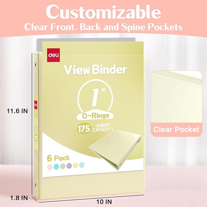 Deli 1-inch 3 Ring Binder with 2 Interior Pockets, 175 Sheets Capacity, 1 inch Binders fits 11" x 8.5" US Letter Size, Assorted 6 Pastel Colors, 6 Pack