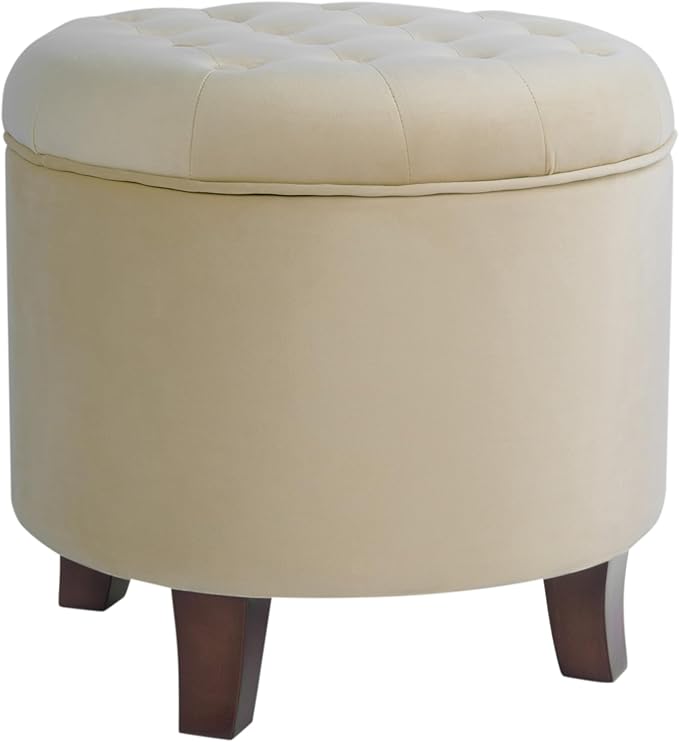 Homepop Home Decor | Upholstered Round Velvet Tufted Foot Rest Ottoman | Ottoman with Storage for Living Room & Bedroom | Decorative Home Furniture, Cream
