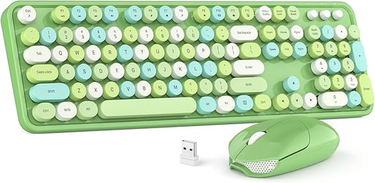 Wireless Keyboard and Mouse Combo, MOWUX Colorful Computer Full Size 2.4G Plug and Play Wireless Typewriter Keyboard and Mouse Set for Windows, Computer, Desktop, PC, Notebook (Green Colorful)