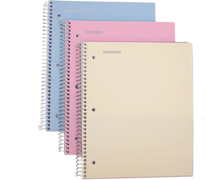 Mintra Office Durable Spiral Notebooks, 1 Subject, (Spring Pink, Sun Yellow, Arctic Ice, Wide Ruled 3pk)