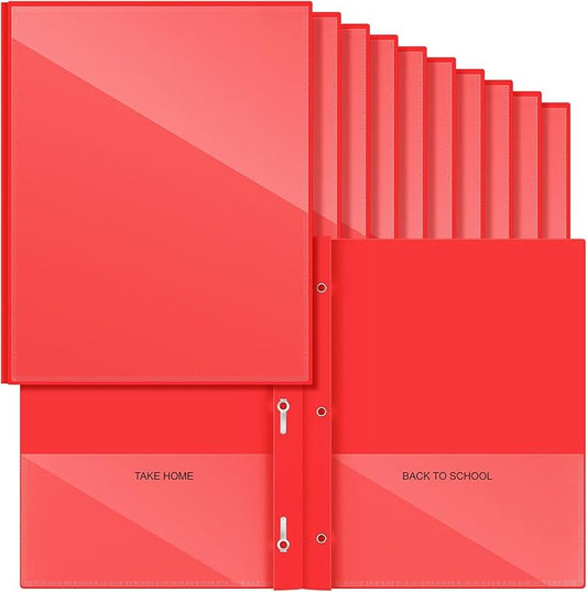 Henoyso 24 Pcs Plastic Folders with Clear Front Pocket and 3 Prong Take Home Plastic 2 Pocket Folder Back to School for Students Parent Teacher Communication for School Office (Red)