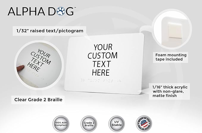 ALPHA DOG ADA SIGNS Custom ADA Compliant Braille Sign, 6"x9" Room Identification Plaque, Tactile Text, Raised Letters, Personalized 4-Line, Indoor/Outdoor, USA-Made (White)