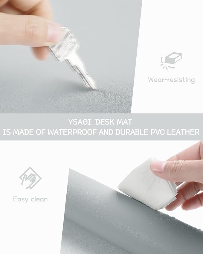 YSAGi Non-Slip Leather Desk Pad L Size, Waterproof Laptop Computer Desk Keyboard Mat, Table Protector Blotter Mat, Large Mouse Pad for Office/Work/Home/Decor(Silver-Grey, 35.4" x 17")