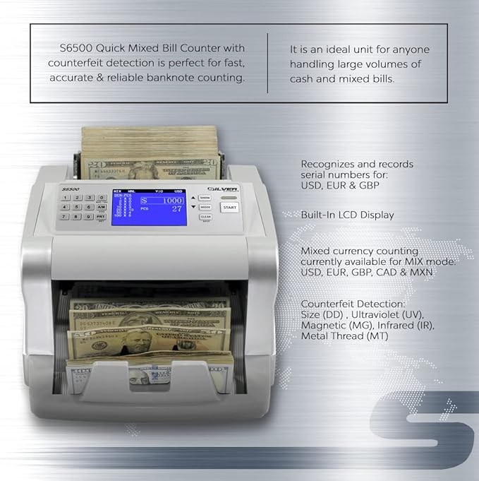 Money Counter Machine, USD EUR CAD GBP MXN Quick Mixed Denomination Bill Counter, 5-Point Counterfeit Detection UV/MG/IR/DD/MT/DBL/HLF/CHN, S6500