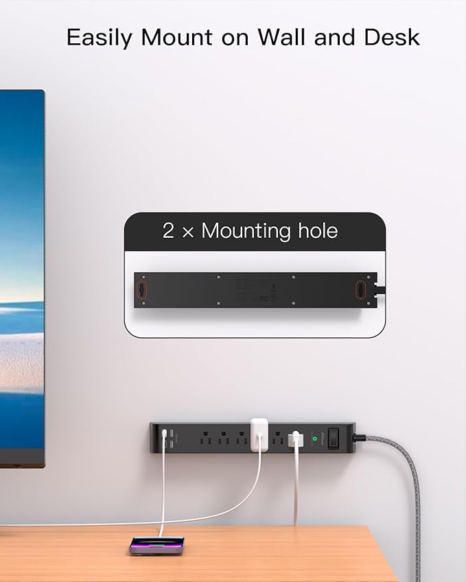 Surge Protector Power Strip 10 ft with 4 USB Ports 2 USB-C 6 AC Outlets, Flat Plug Extension Cord, USB Charging Station, Wall Mountable for Home, Office, Dorm Essentials, 1080J, ETL Listed, Black