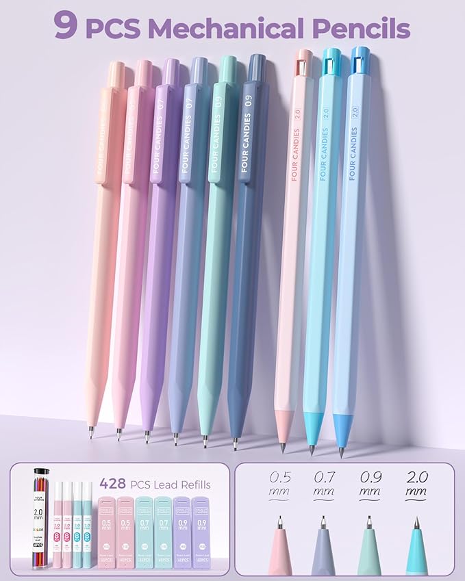 Four Candies 56 PCS Aesthetic School Supplies with Pencil Case, 6 Multicolor Pen, 12 Pastel Highlighters, 5 Gel Pens Black Ink, 9 Mechanical Pencils for Student Stationary Set Preppy Stuff (Purple)