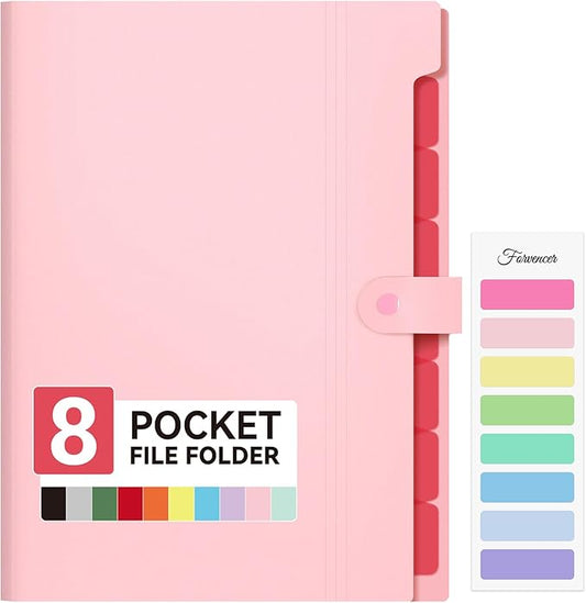 Forvencer Expanding File Folder with 8 Pocket, Letter Size Accordion File Organizer, Portable Folders for Documents, Cute Paper Organizer, Filling Products for School Office Supplies, A4 Size, Pink