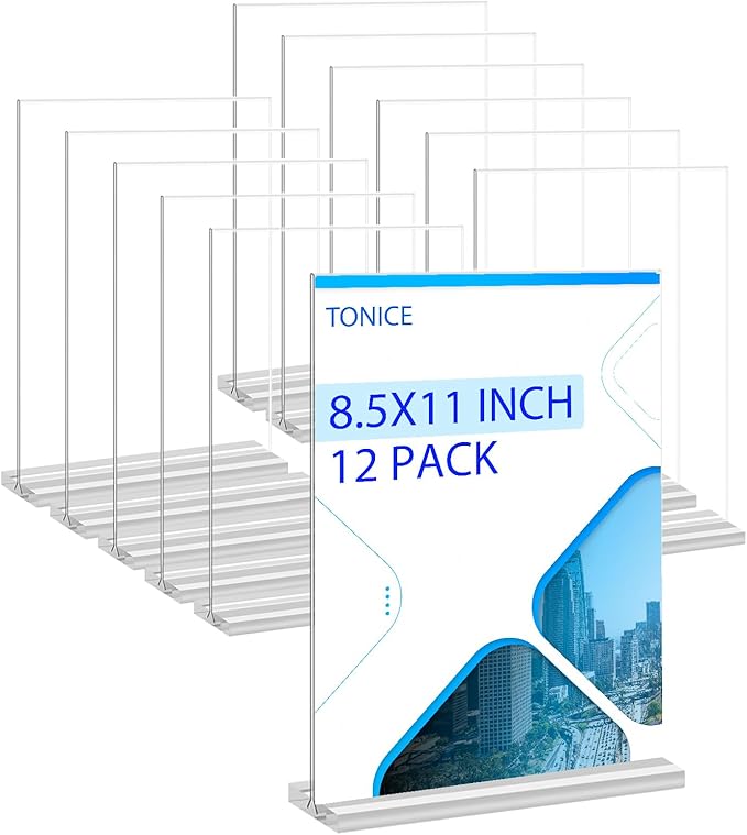 TONICE Acrylic Sign Holder 8.5 x 11 inch 12 Pack Double-Sided Plastic Sign Holder Stand Vertical Display Table Top Sign Holder for Office, Restaurants, Store, Wedding, Party