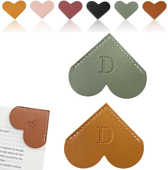 Personalized Leather Heart Bookmark, 26 Letters Customized Corner Book Mark for Reading Women, Book Marker with Initials，Cute Gifts (Green+Light Brown, D)