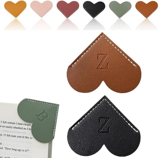 Personalized Leather Heart Bookmark, 26 Letters Customized Corner Book Mark for Reading Women, Book Marker with Initials，Cute Gifts (Black+Dark Brown, Z)