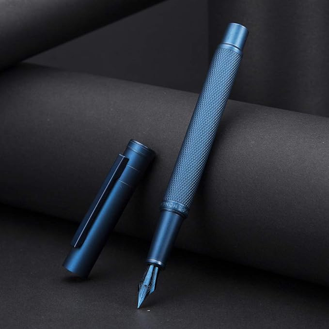 Dark Blue Forest Fountain Pen Fine Nib Classic Design with Converter and Metal Pen Case Set by Asvine