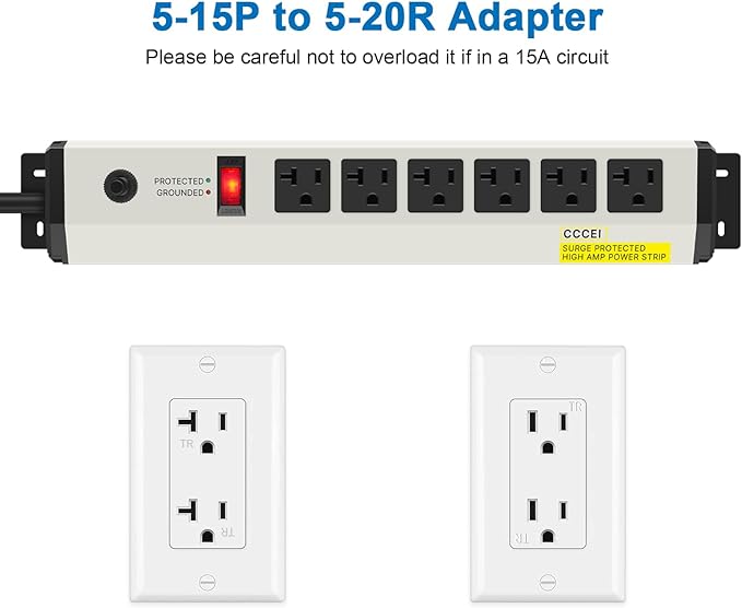 CCCEI 2 of 12 Gauge Heavy Duty Power Strip Surge Protector 4800J, 20 Amp 6 Plug Industrial Shop Garage Metal Multiple Outlet, 4FT Extension Cord 5-15P Adapter High Amp 6-20R T-Slot 20a for Appliance.
