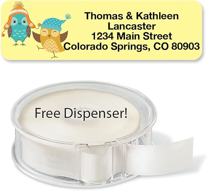 Owls Seasonal Rolled Personalized Return Address Mailing Labels with Dispenser, Set of 250, 5 Designs, Small ¾ x 2½ Inch Size, Custom Self-Adhesive Sticker Roll, by Colorful Images