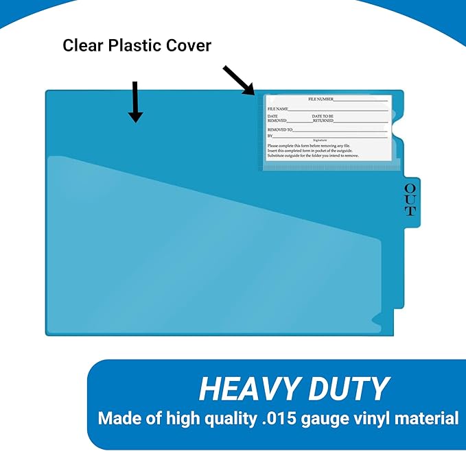 Doctor Stuff - Center Tab Vinyl Outguides, Diagonal Cut Front Pocket, Top Charge Out Slip Pocket, Plastic File Folder, Letter Size 9" x 13-1/4", Light Blue, 50/Box