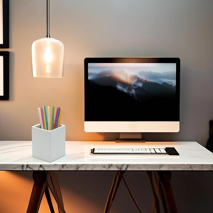 UnionBasic Square Pen Holder, Leather Pencil Cup, Desktop Caddy Stationery Organizer, White