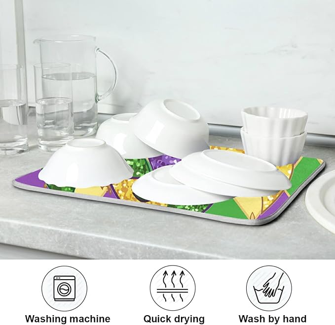 Mardi Gras Fleur De Lis Dish Drying Mat 16 X 18 Inch Rhombus Carnival Mask Absorbent Microfiber Dry Dishes Pads Tableware Mats Protector for Kitchen Countertops Counter Home Decorations
