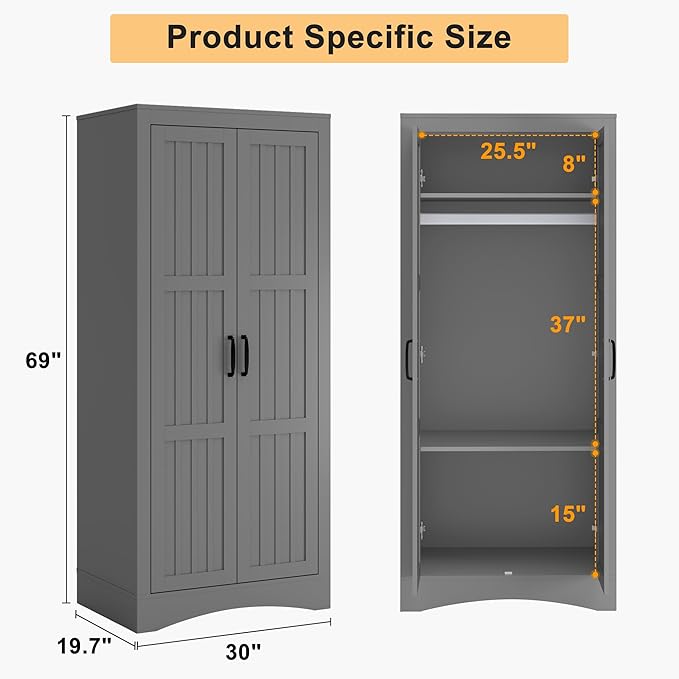 2 Door Wardrobe Closet, Wood Armoire with 2 Shelves and Hanging Rod, Freestanding Tall Storage Cabinet, Bedroom and Guest Room Armoire Cabinet for Clothes Storage, Gray