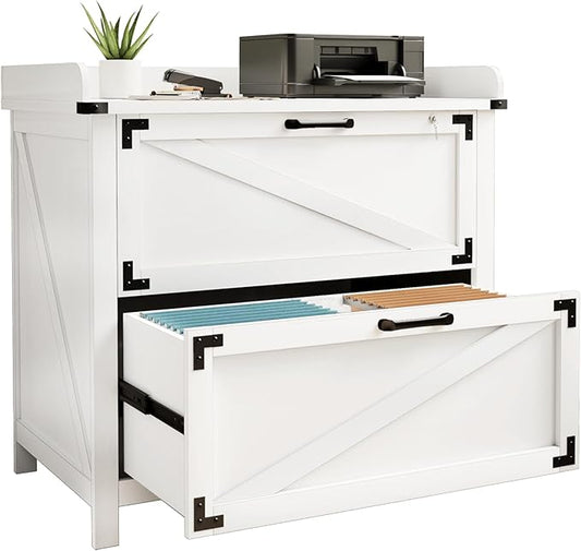 2 Drawer File Cabinet with Lock, Modern Farmhouse Filing Cabinet for Legal/Letter/A4 Size Hanging Files, Large Wood File Cabinets for Home Office