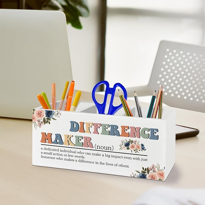 Difference Maker Gift, Office Decor for Women, Pen Pencil Holder Organizer for Desk Accessories, Appreciation Thank You Gifts for Teachers Boss Leader Coworkers Wooden Box Sign