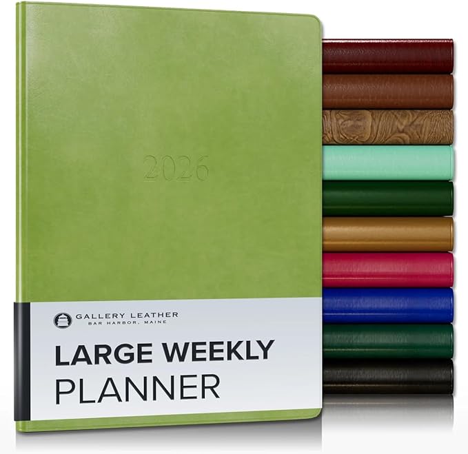 Gallery Leather Large Weekly Monthly Planner 2025-2026, Elegantly Bound Calendar Planner and Notebook with Stylish Gold-Gilded Page Edges, 12 Months - Acadia Lime - 9.75 x 7.5 "