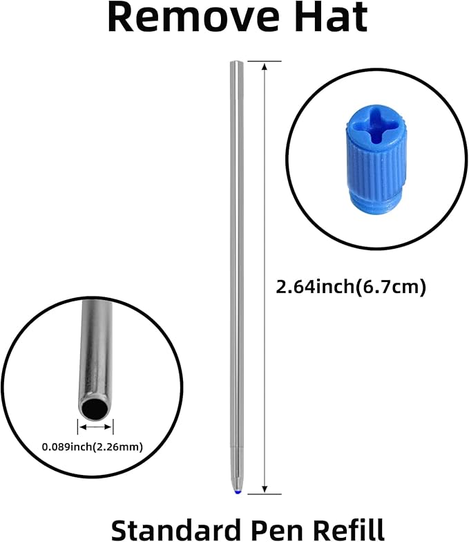 YOUMI Refill 2.75" (20pcs) replaceable ballpoint pen refill, Black ink 1mm midpoint metal refill (Black refill)