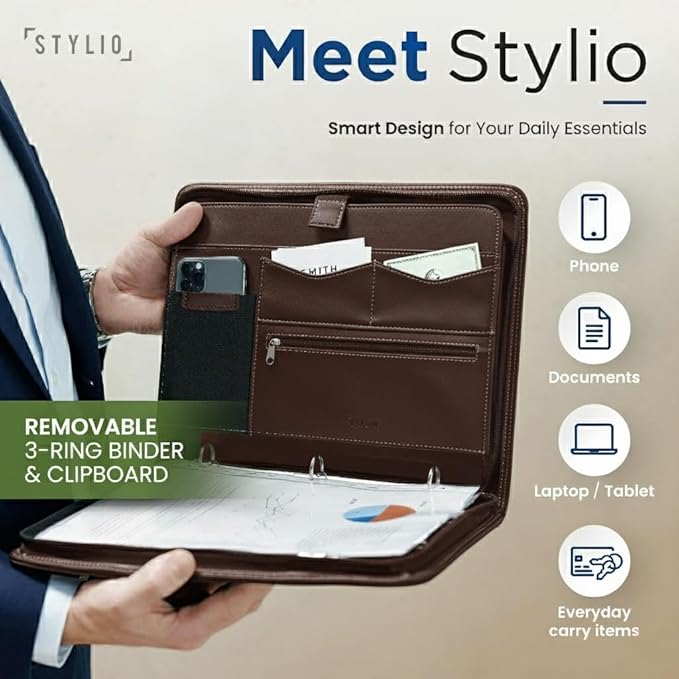 STYLIO Walnut Zipper Portfolio Binder w/Carrying Handle | Removable 3-Ring Binder (1") w/Clipboard Padfolio | Organizer for Documents, iPad, Tablet, Notebook | Business Leather Folder for Men Women