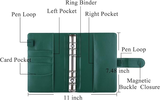 Antner A6 Budget Binder with Zipper Cash Envelopes for Money Organizer & Budgeting, PU Budget Planner Money Saving Binder with Cash Stuffing Envelopes & Labels for Home Office Travel, Dark Green