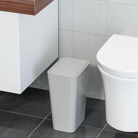 12L Covered Bathroom Trash Can,Office Trash Cans for Near Desk,Slim Bedroom Cute Small Trash Can,3.17 Gallon Plastic Pet/Dog Proof Bathroom Garbage Can,Thin Waste Basket for Room,Kitchen Trashcan,Gray